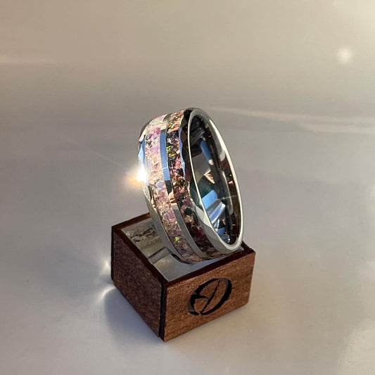 10mm Dual Channel Hammered Tungsten Cremation Ring