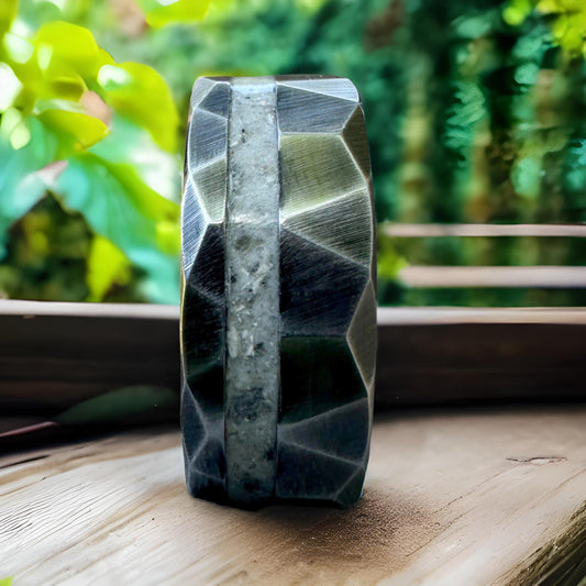 8mm Distressed Faceted Black Tungsten Cremation Ring