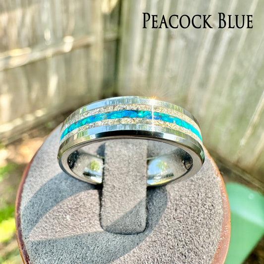 Tungsten Cremation Ring with Center Accent of Opals