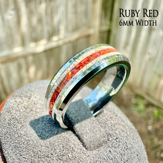 Tungsten Cremation Ring with Center Accent of Opals