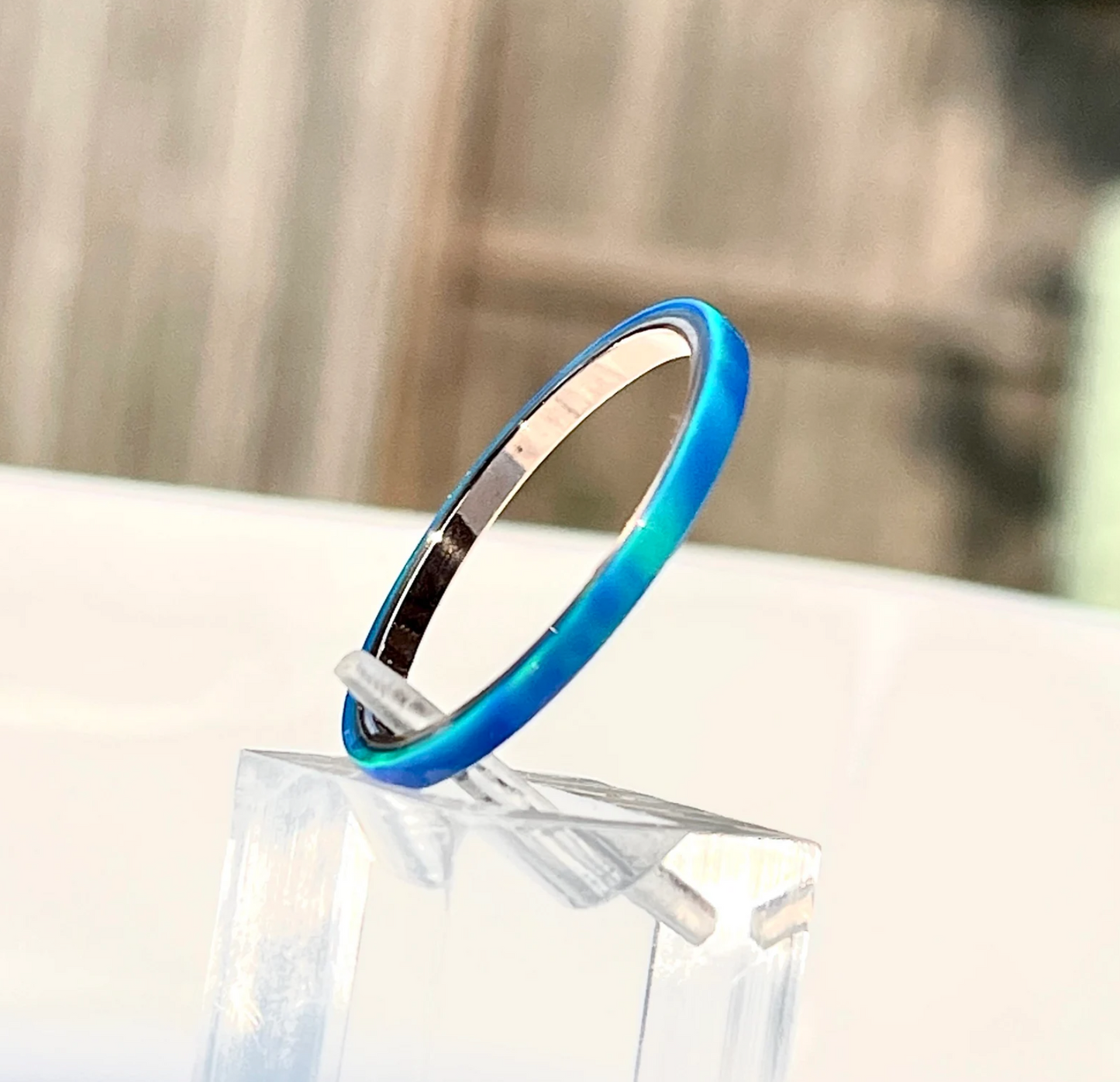 2mm Sleepy Blue Opal Ring on Argentium Band