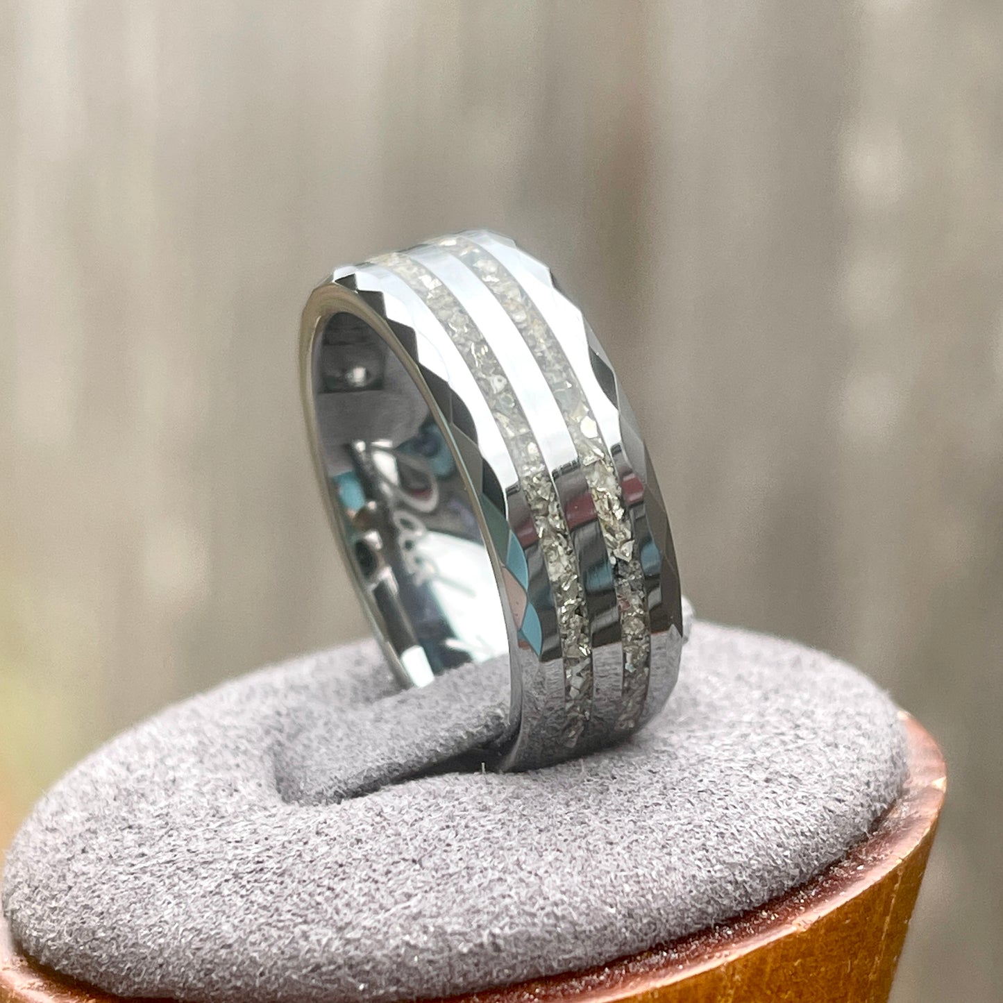 8mm Hammered Tungsten Band Dual Channel Cremation Ring