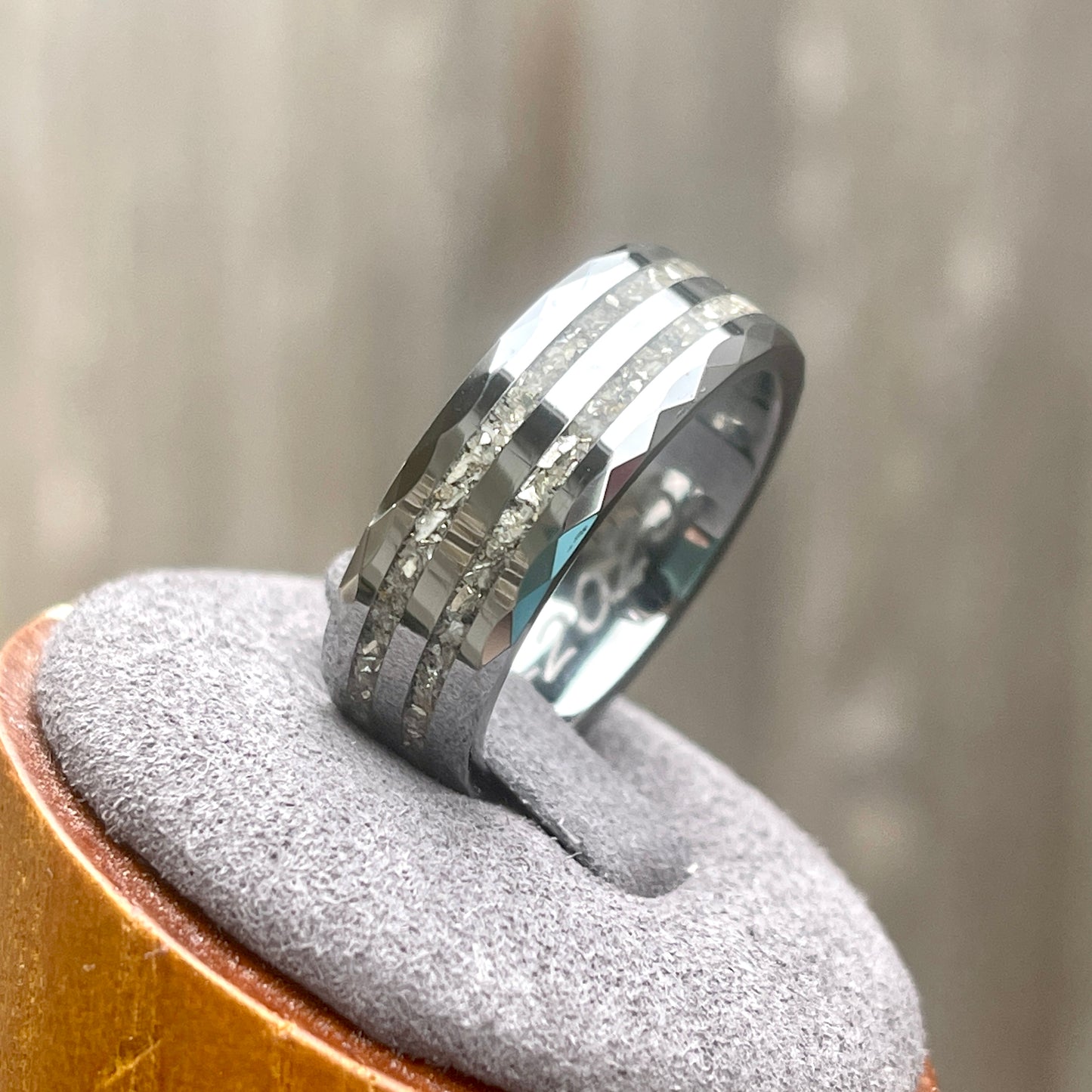 8mm Hammered Tungsten Band Dual Channel Cremation Ring