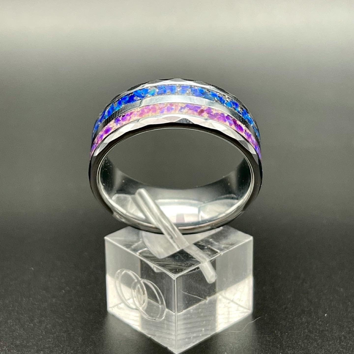 10mm Dual Channel Hammered Tungsten Cremation Ring