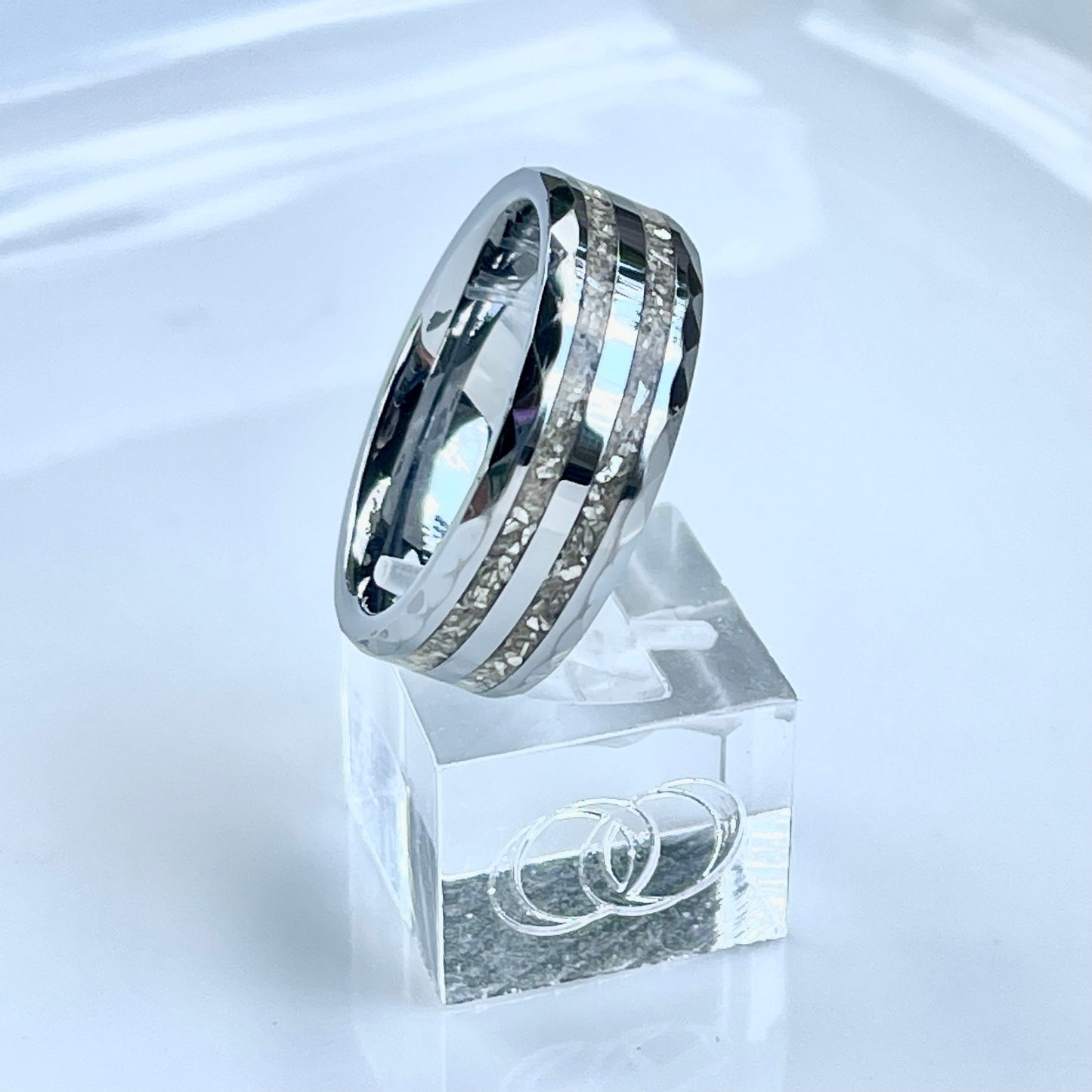 8mm Hammered Tungsten Band Dual Channel Cremation Ring