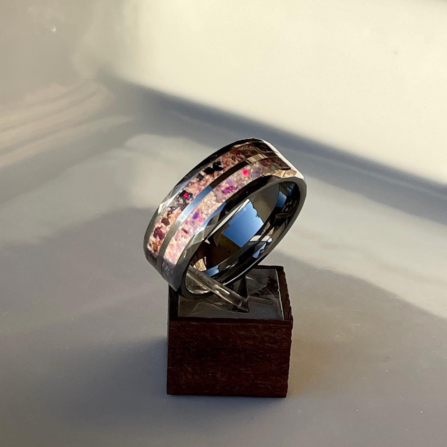 10mm Dual Channel Hammered Tungsten Cremation Ring