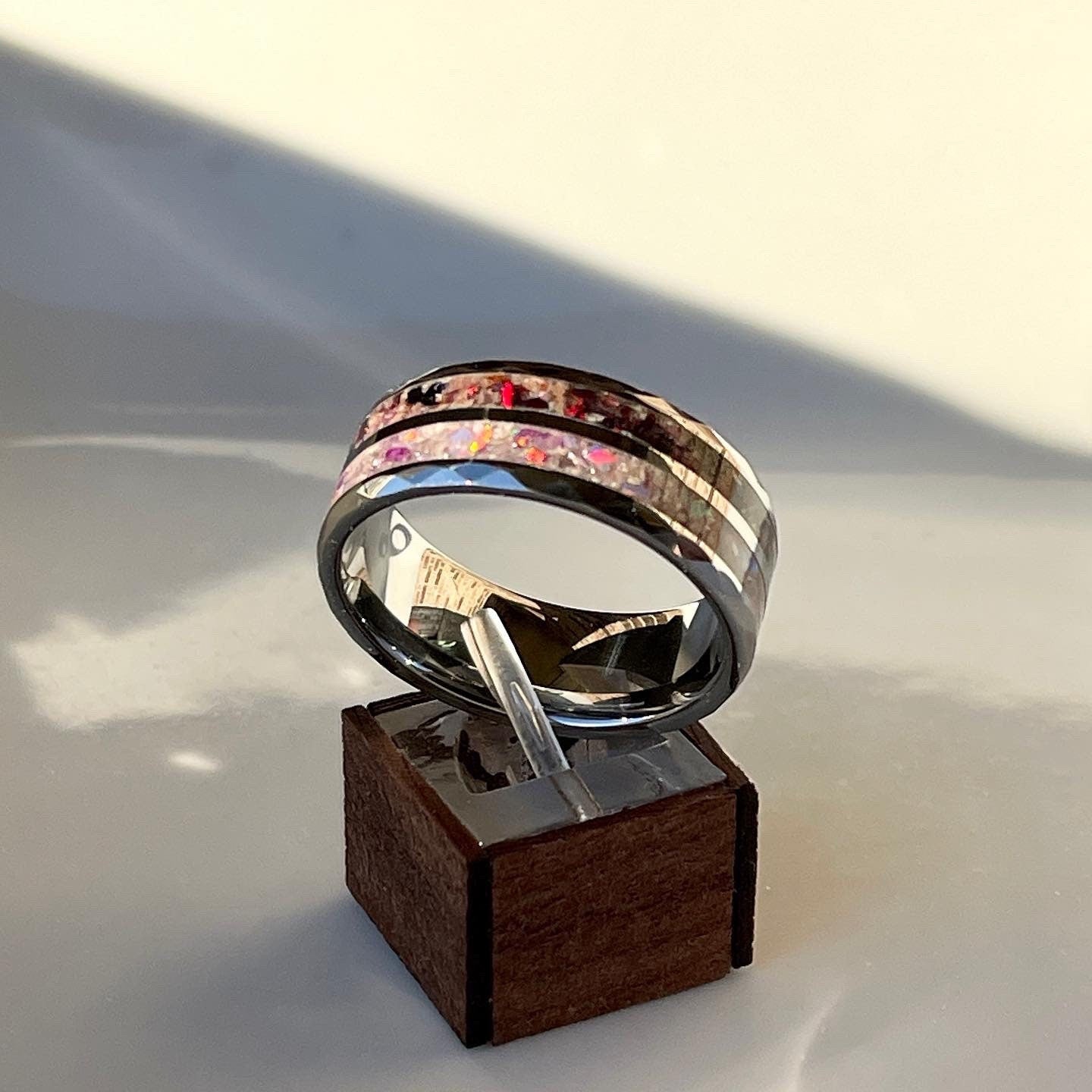 10mm Dual Channel Hammered Tungsten Cremation Ring