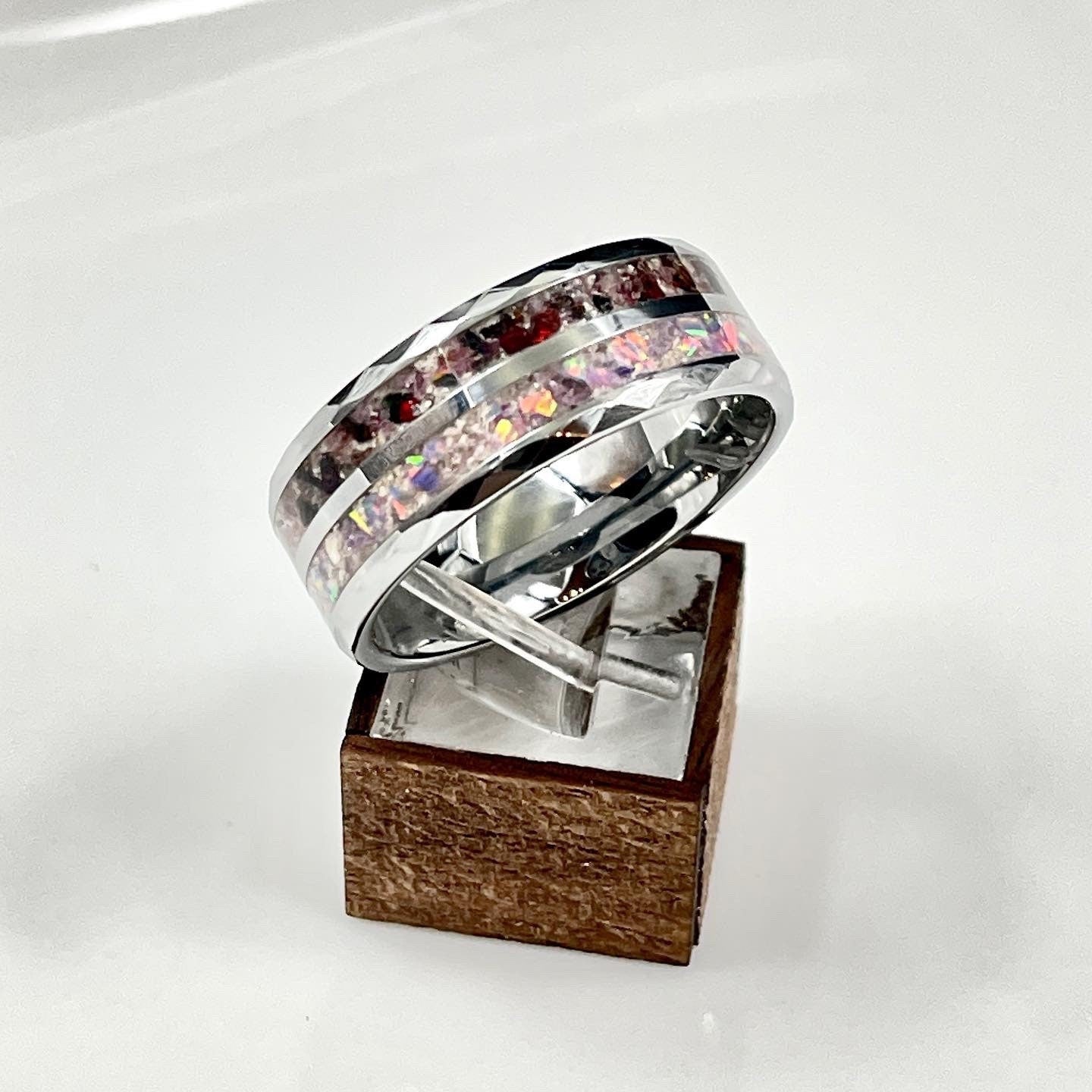 10mm Dual Channel Hammered Tungsten Cremation Ring