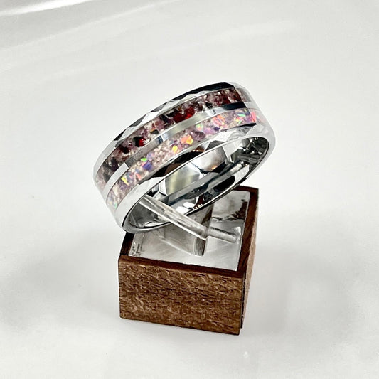 10mm Dual Channel Hammered Tungsten Cremation Ring