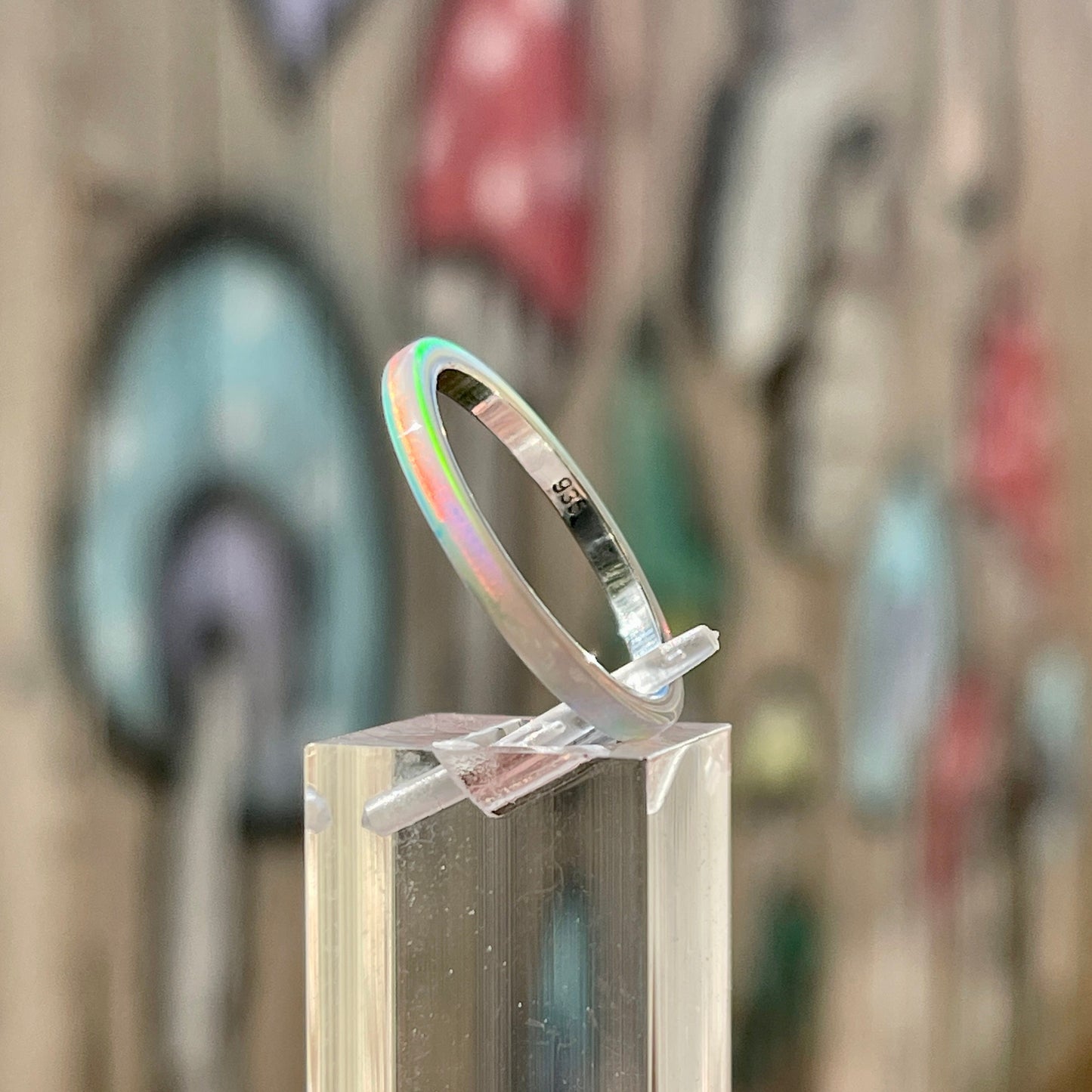 2mm Rainbow White Opal Ring