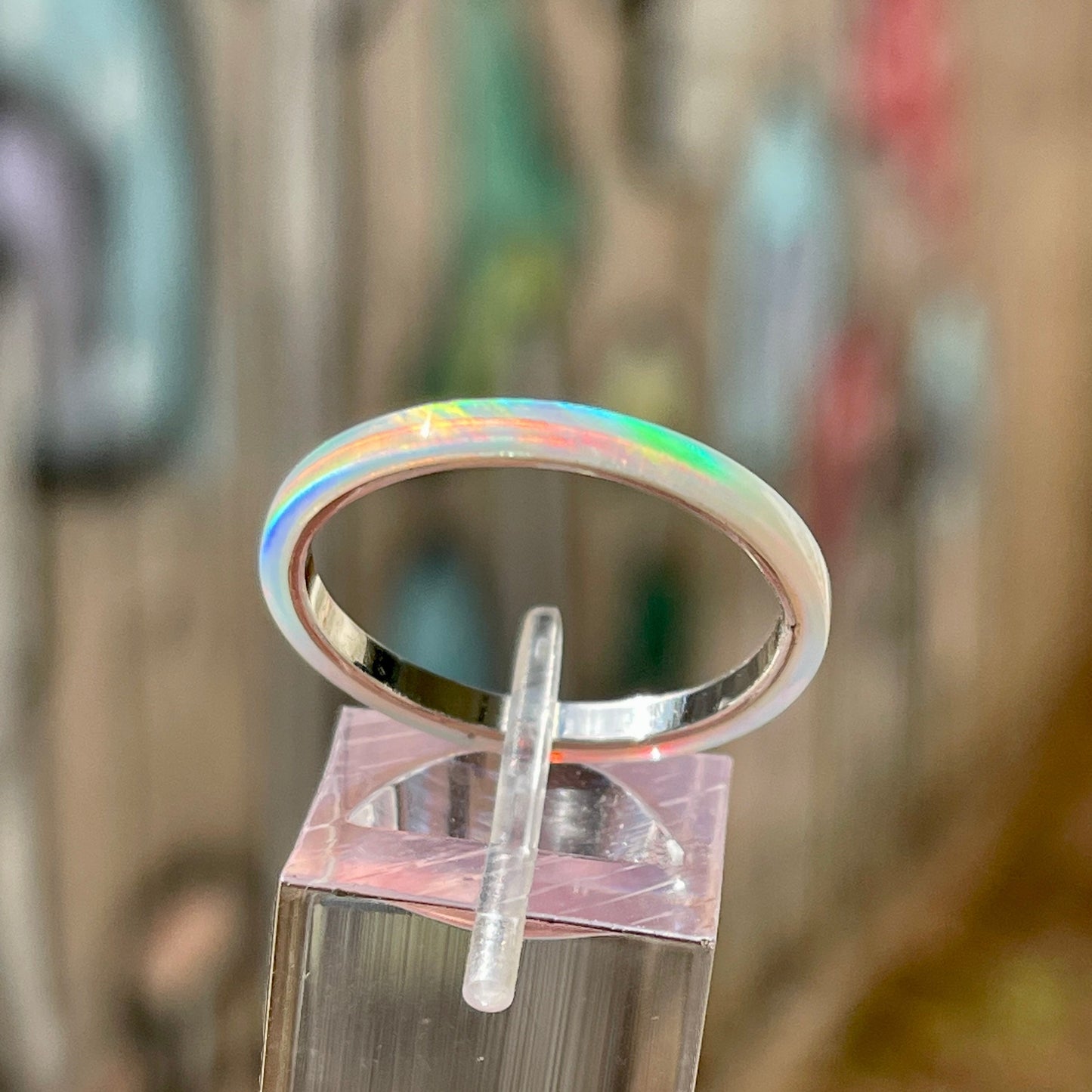 2mm Rainbow White Opal Ring