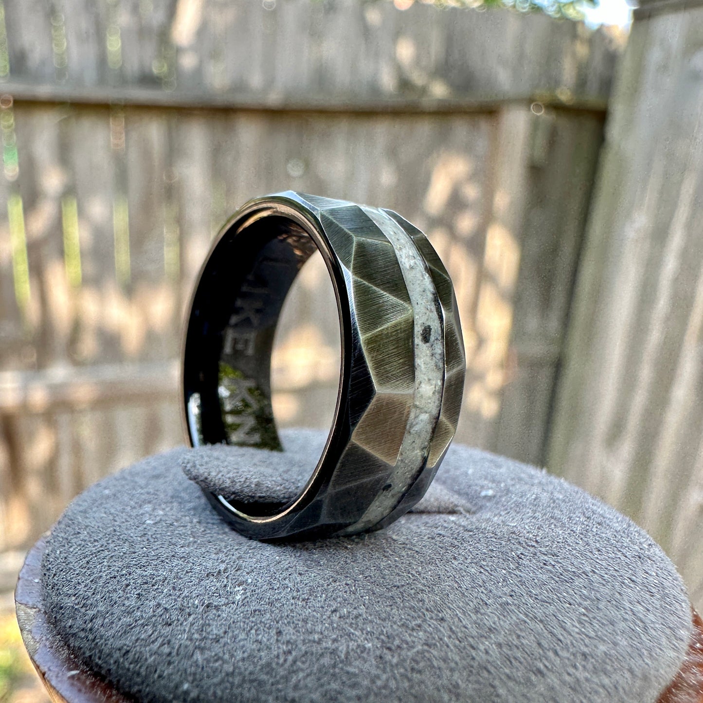 8mm Distressed Faceted Black Tungsten Cremation Ring
