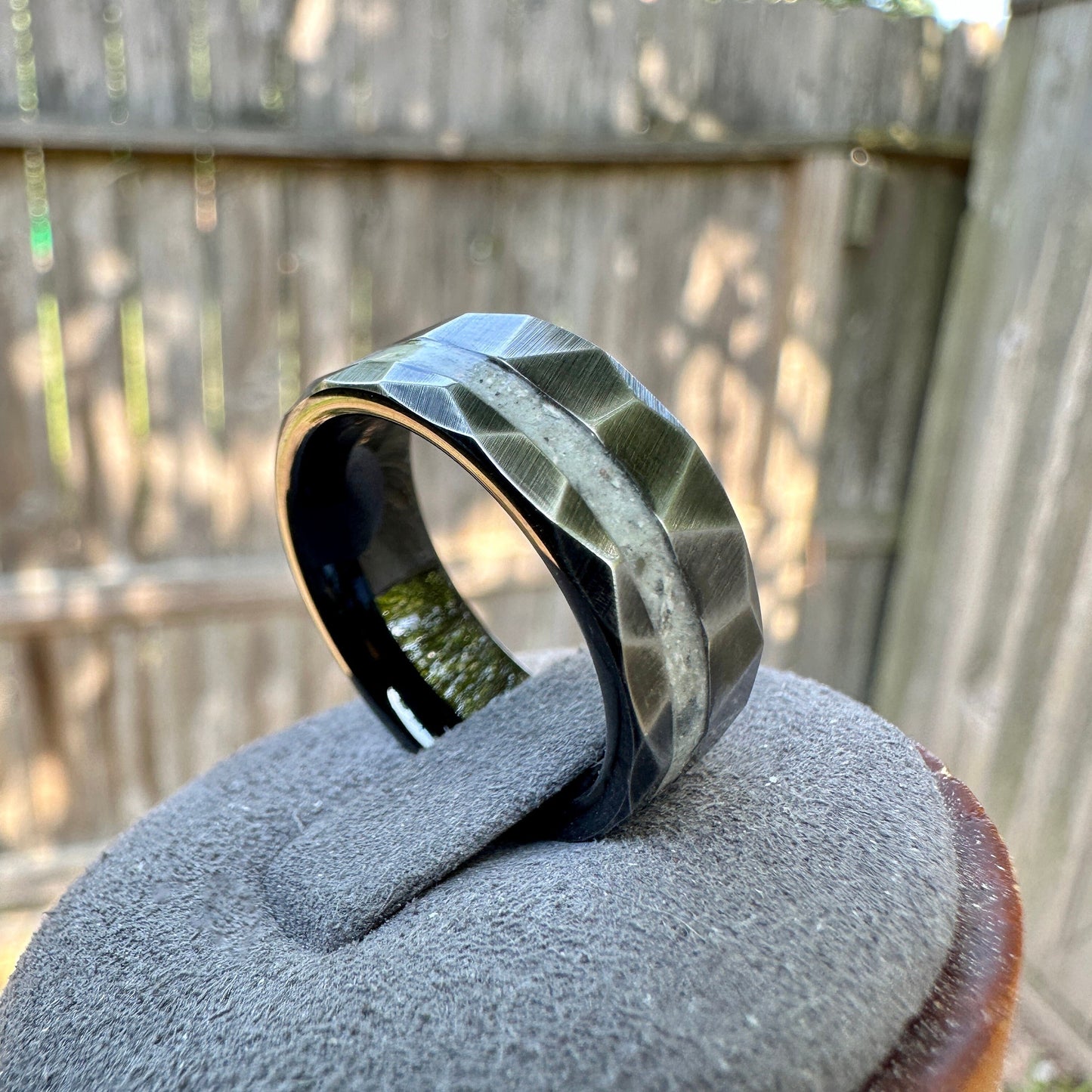 8mm Distressed Faceted Black Tungsten Cremation Ring