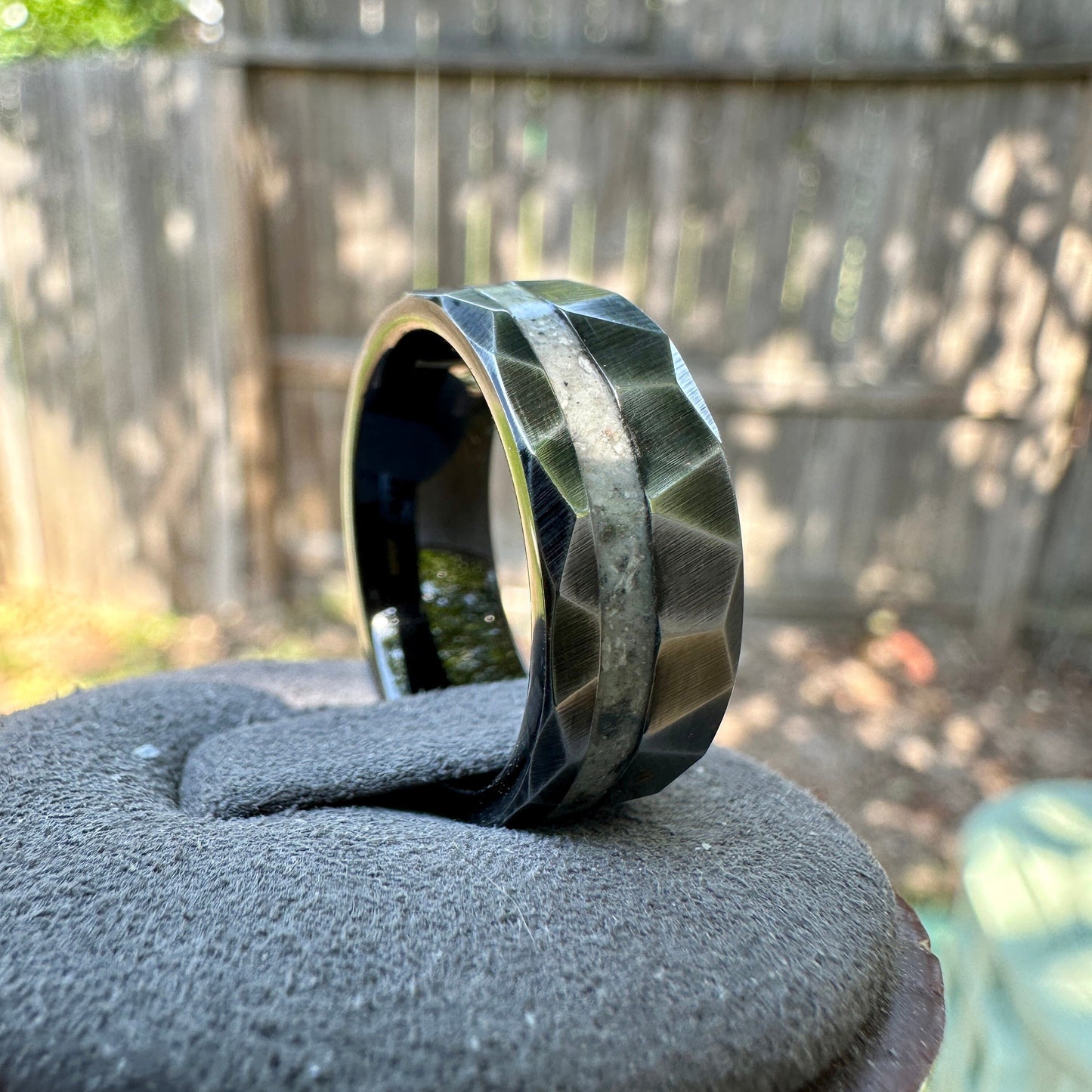 8mm Distressed Faceted Black Tungsten Cremation Ring