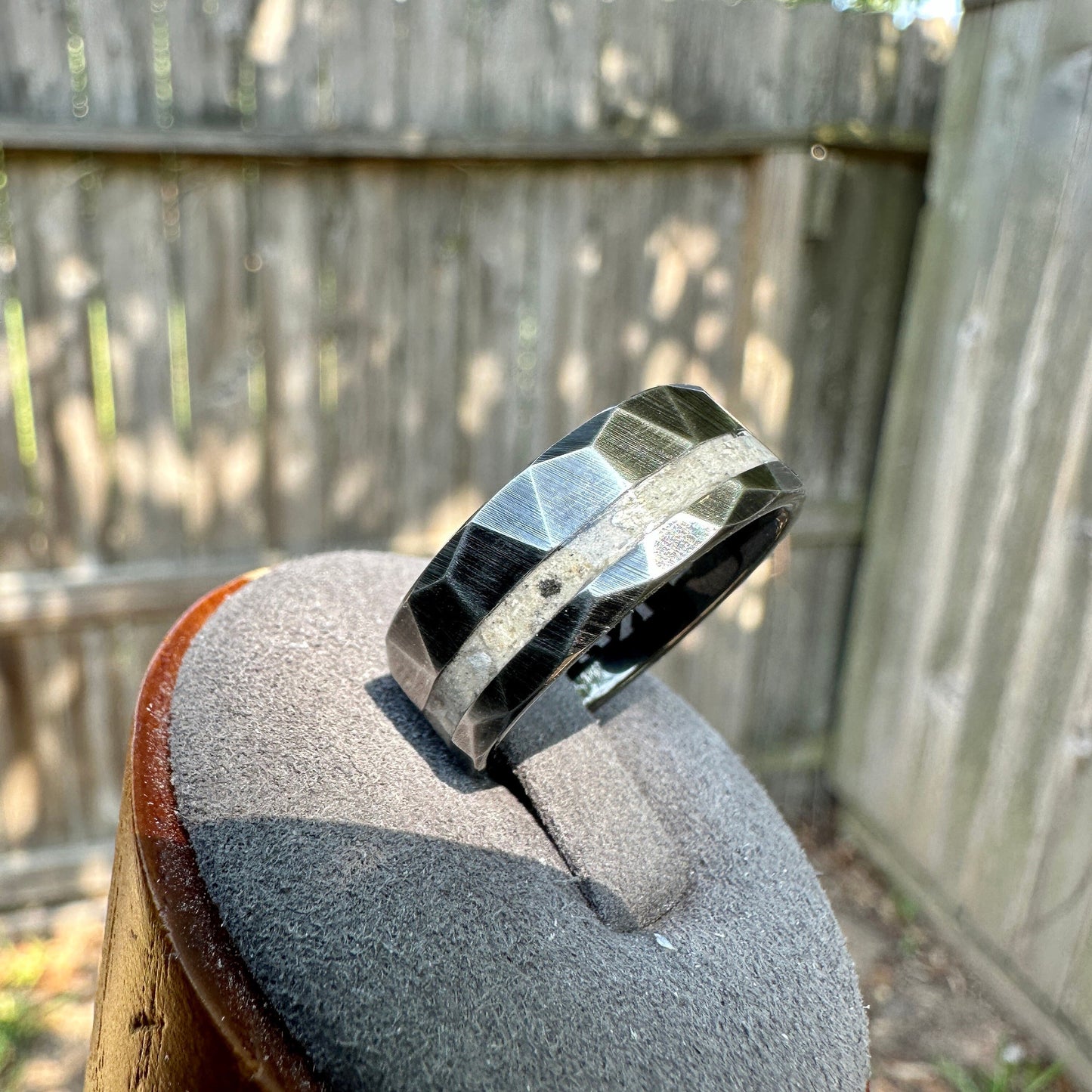 8mm Distressed Faceted Black Tungsten Cremation Ring