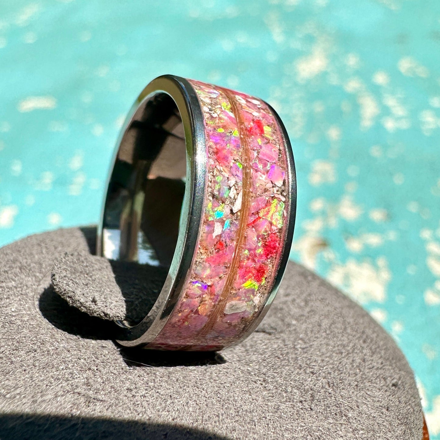 8mm Titanium Cremation Ring with Fur or Hair Accent